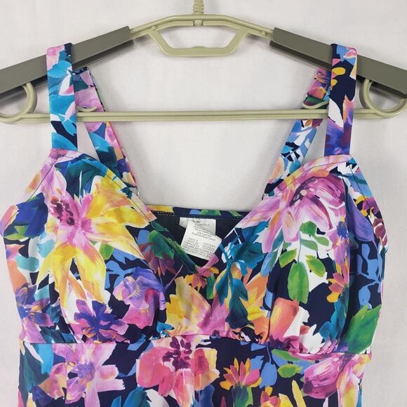 Swim Solutions Tankini Top Womens 10 Navy Multi Triple Pleat Floral D Cup 806840 - Picture 5 of 10